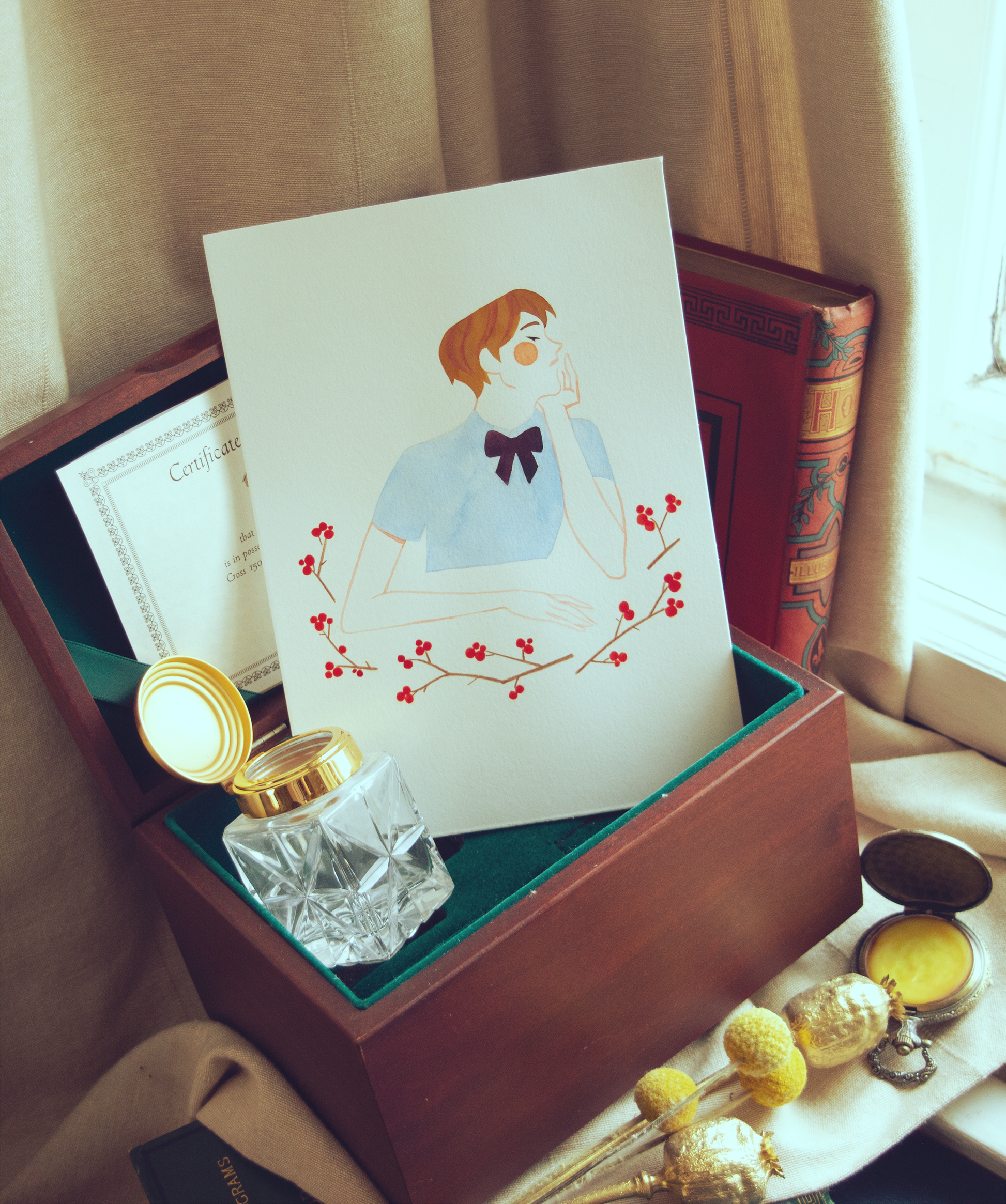 Vince is deep in thoughts in between branches with red berries. This illustration is an original art work make with ink on paper, starring the main characters of the webcomic Little Starling by Pearl See.