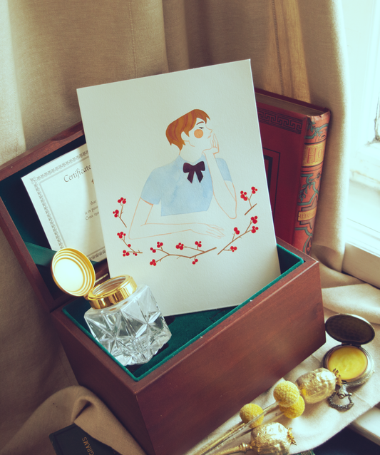 Vince is deep in thoughts in between branches with red berries. This illustration is an original art work make with ink on paper, starring the main characters of the webcomic Little Starling by Pearl See.