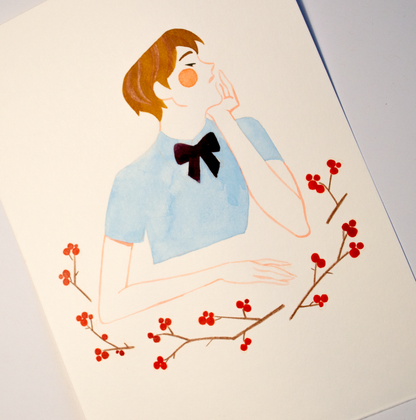 Vince is deep in thoughts in between branches with red berries. This illustration is an original art work make with ink on paper, starring the main characters of the webcomic Little Starling by Pearl See, close-up.