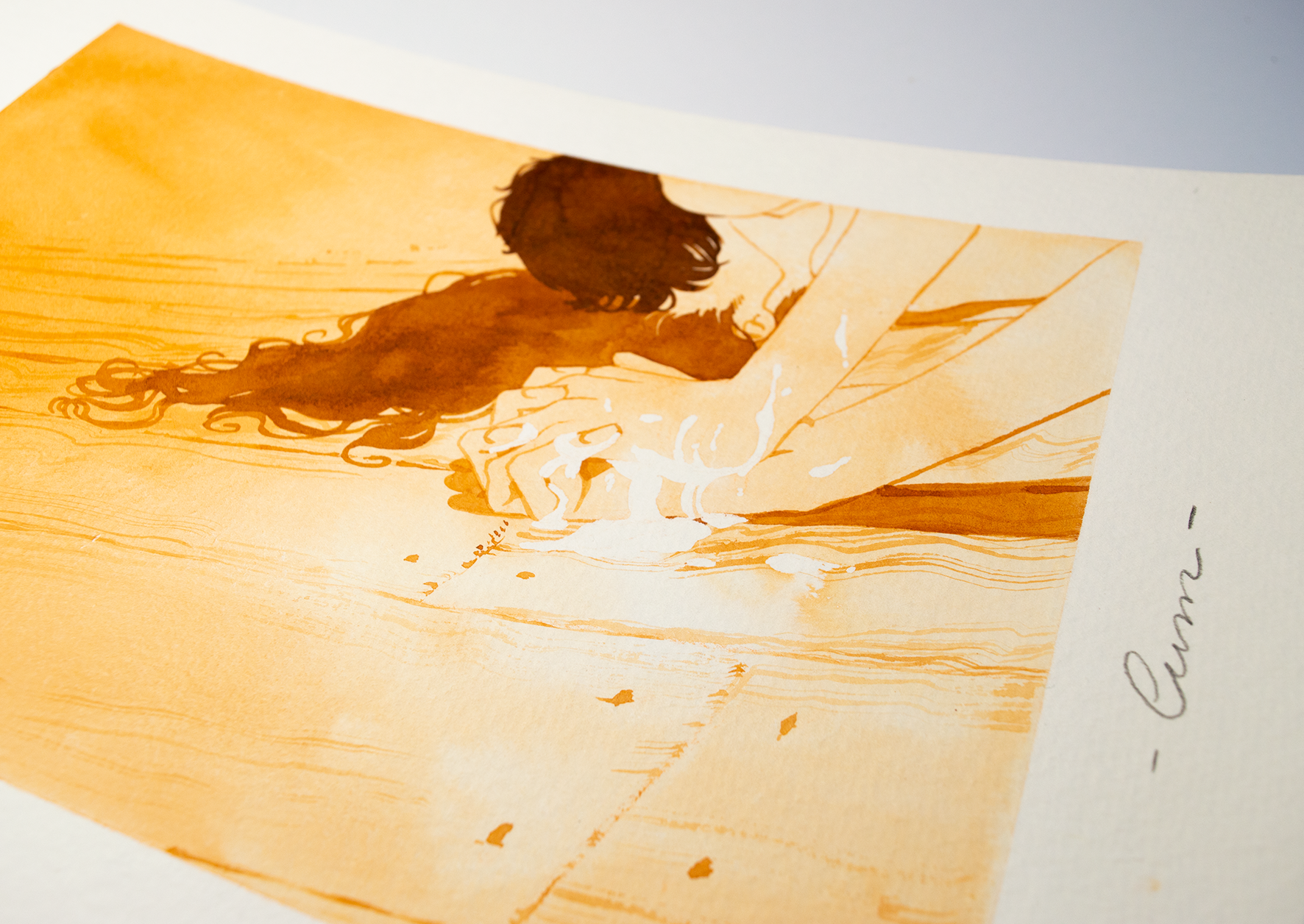 'Cum.' an original art work make with ink on paper, created for kinktober 2022 starring the main characters of the webcomic Little Starling by Pearl See. It shows Vince and Zazu kissing and holding hands after the fun, close-up.