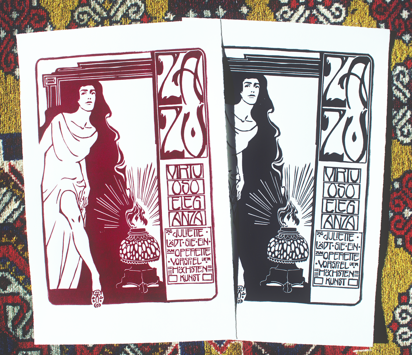 A lino print of an exclusive invitation of the opera to an exclusive concert of Zazu ind black and wine red.