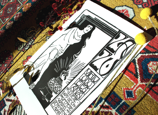 A lino print of an exclusive invitation of the opera to an exclusive concert of Zazu ind black.