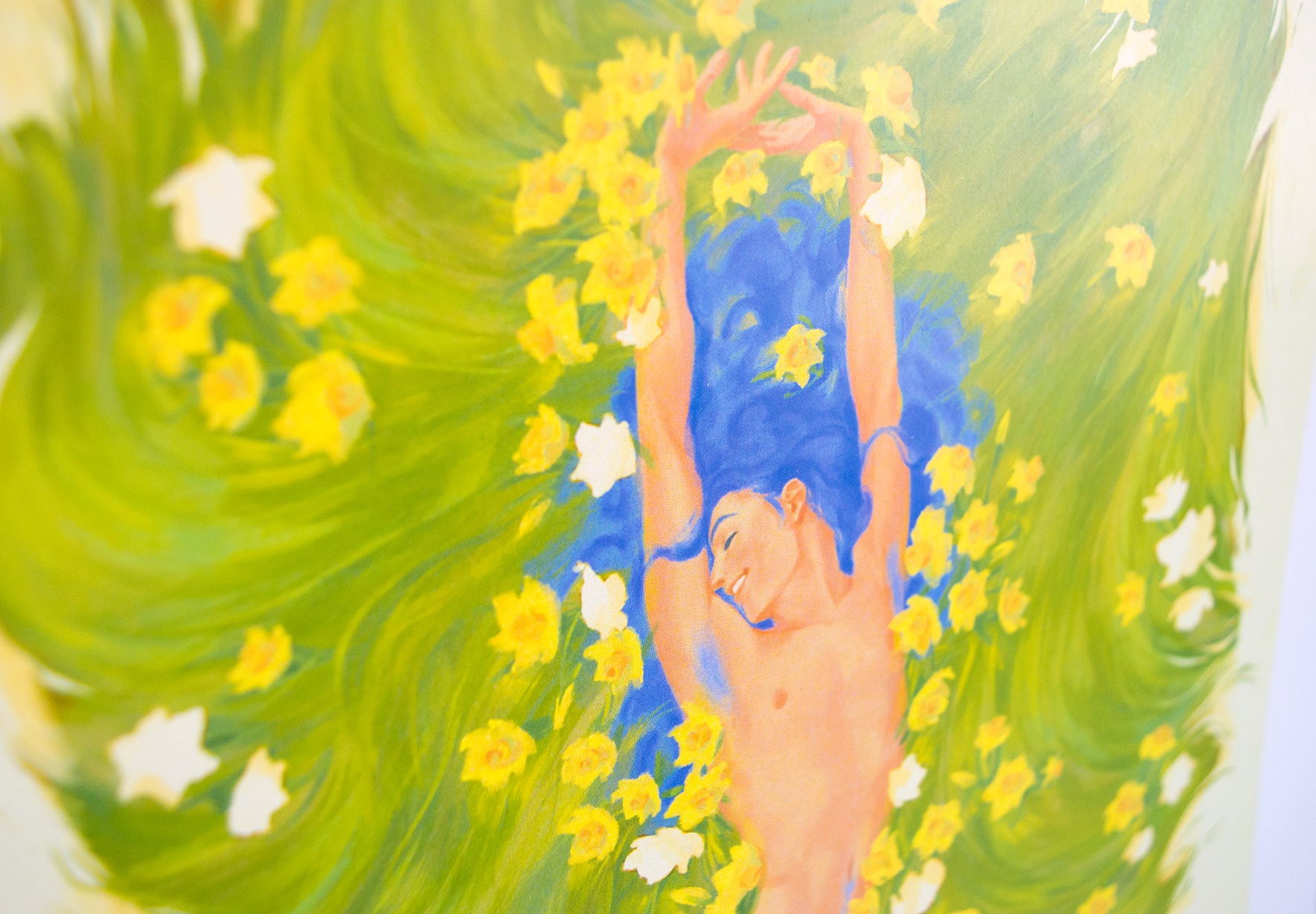 Naked and bathing in a meadow of daffodils Zazu lies and grins to himself.  This  illustrations is a digital print that starrs the main characters of the webcomic Little Starling by Pearl See, close-up.