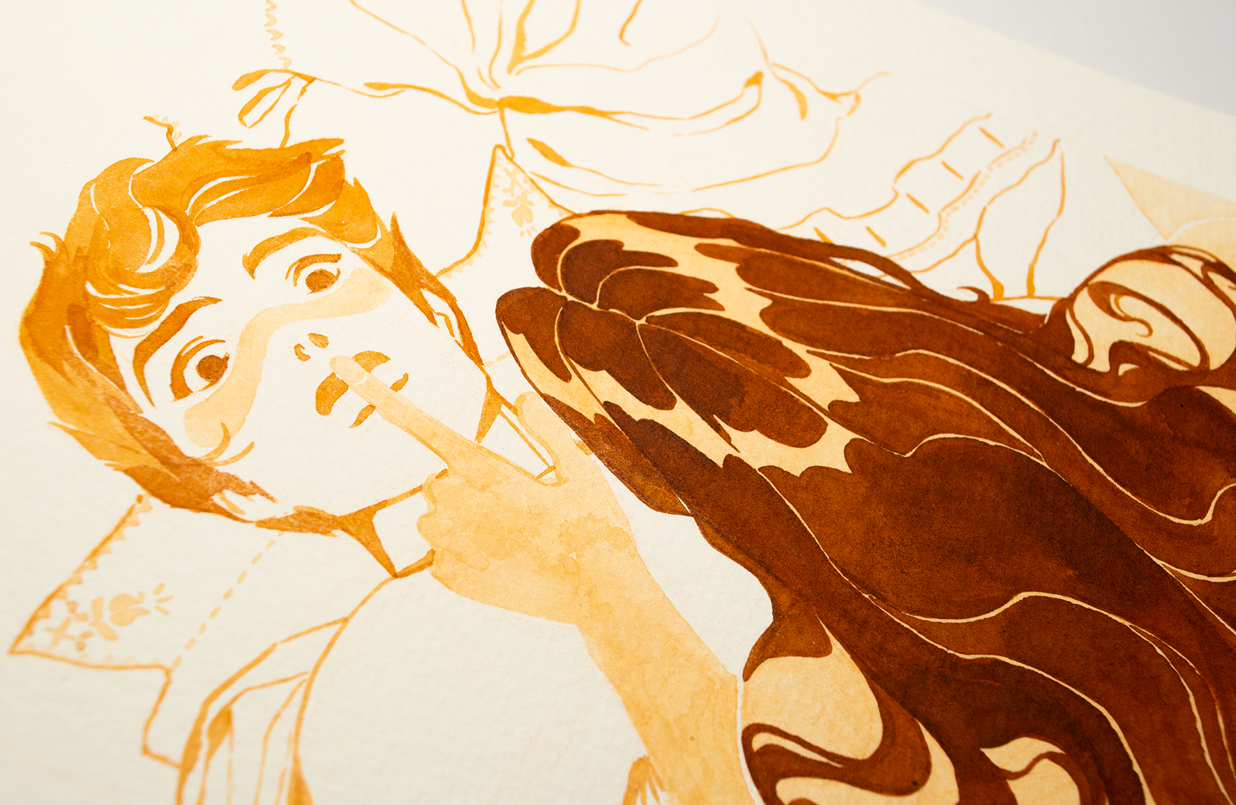 'Don't make any noise untill I tell you that you can.', Zazu hushes, laying a finger on Vinces lips. It is an original art work make with ink on paper, created for kinktober 2022 starring the main characters of the webcomic Little Starling by Pearl See, close-up.
