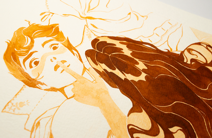 'Don't make any noise untill I tell you that you can.', Zazu hushes, laying a finger on Vinces lips. It is an original art work make with ink on paper, created for kinktober 2022 starring the main characters of the webcomic Little Starling by Pearl See, close-up.