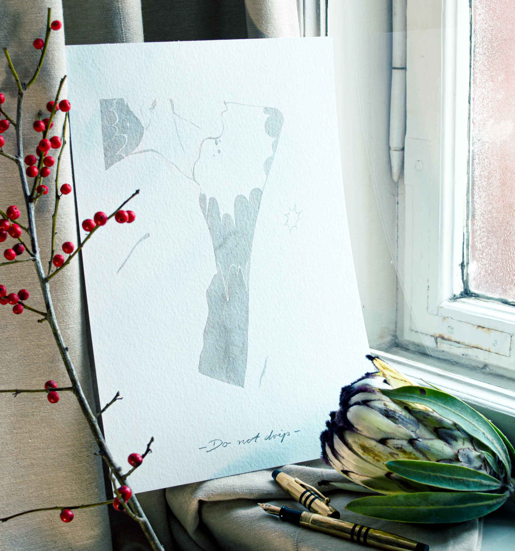 'Do not drip.' Zazu tells Vince, but it's easier said than done. This an original art work make with ink on paper, created for kinktober 2022 starring the main characters of the webcomic Little Starling by Pearl See.