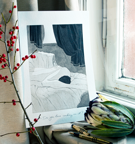 'Do you love sucking on it?', a suporfluos question with all the fun Vince and Zazu have between the props of an empty opera house. It is an original art work make with ink on paper, created for kinktober 2022 starring the main characters of the webcomic Little Starling by Pearl See.