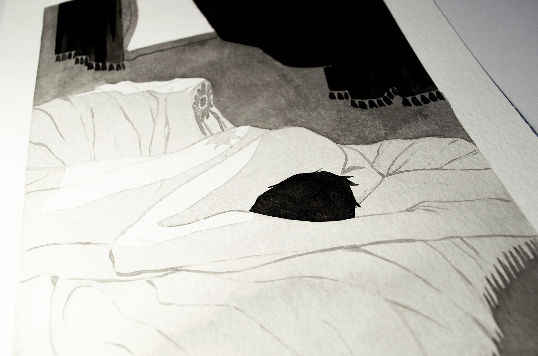 'Do you love sucking on it?', a suporfluos question with all the fun Vince and Zazu have between the props of an empty opera house. It is an original art work make with ink on paper, created for kinktober 2022 starring the main characters of the webcomic Little Starling by Pearl See, close-up.