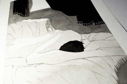 'Do you love sucking on it?', a suporfluos question with all the fun Vince and Zazu have between the props of an empty opera house. It is an original art work make with ink on paper, created for kinktober 2022 starring the main characters of the webcomic Little Starling by Pearl See, close-up.