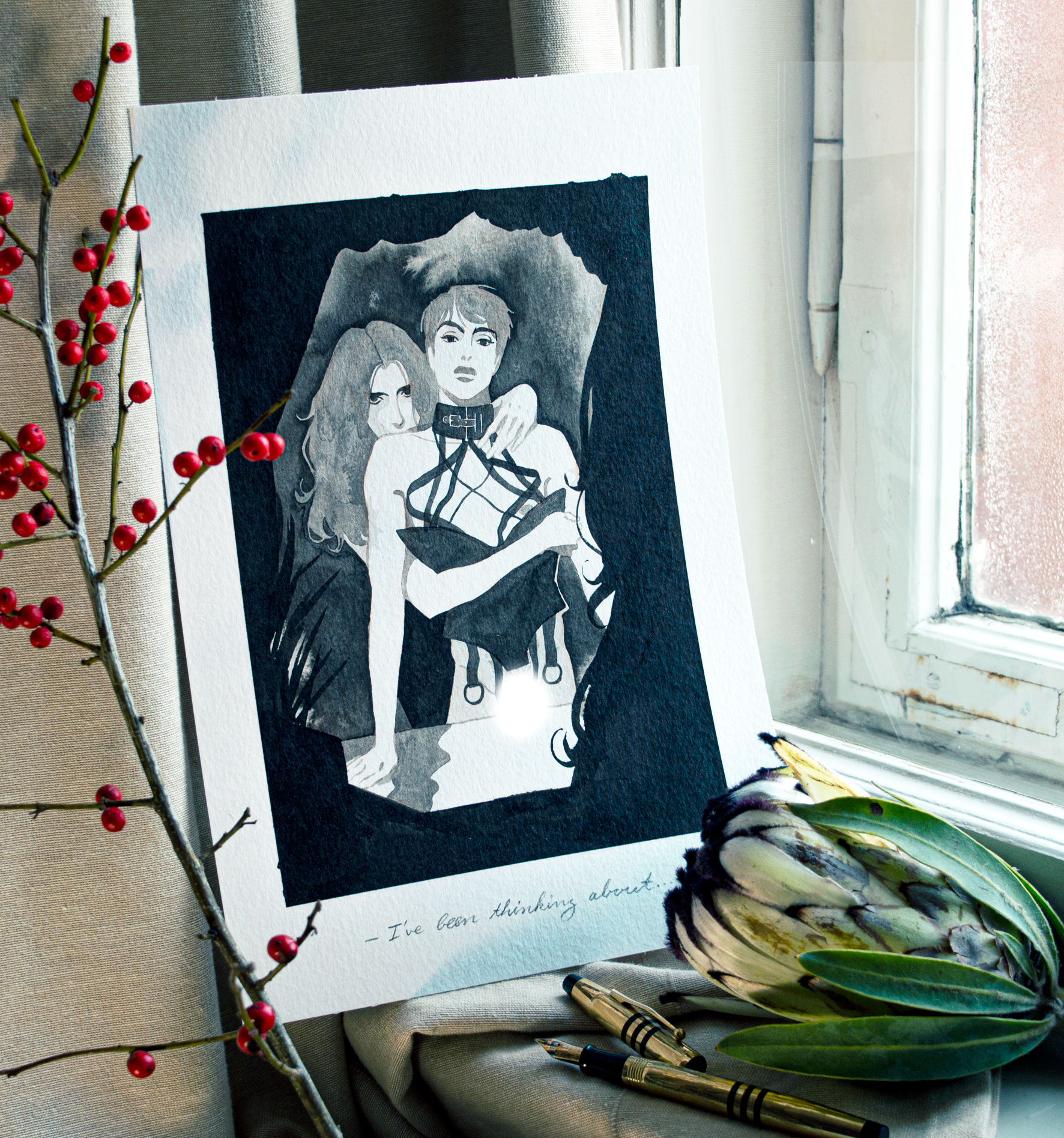 'I've been thinking about...' Zazu says as he presents Vince with an outfit he would like to see him in. It is an original art work make with ink on paper, created for kinktober 2022 starring the main characters of the webcomic Little Starling by Pearl See.