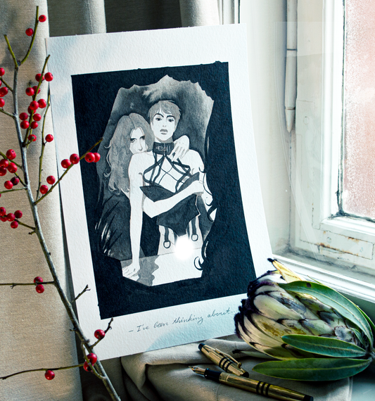 'I've been thinking about...' Zazu says as he presents Vince with an outfit he would like to see him in. It is an original art work make with ink on paper, created for kinktober 2022 starring the main characters of the webcomic Little Starling by Pearl See.