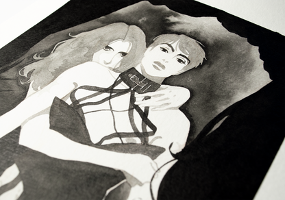 'I've been thinking about...' Zazu says as he presents Vince with an outfit he would like to see him in. It is an original art work make with ink on paper, created for kinktober 2022 starring the main characters of the webcomic Little Starling by Pearl See, close-up.