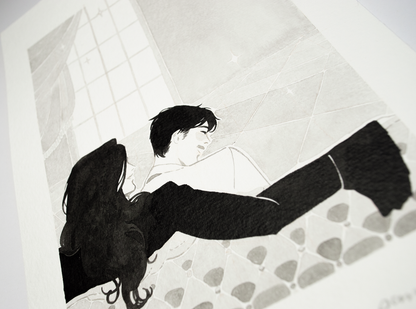 'I bet I can make you pant.' Zazu whispers. Vince laughs as he knows he would lose that bet. It is an original art work make with ink on paper, created for kinktober 2022 starring the main characters of the webcomic Little Starling by Pearl See, close-up