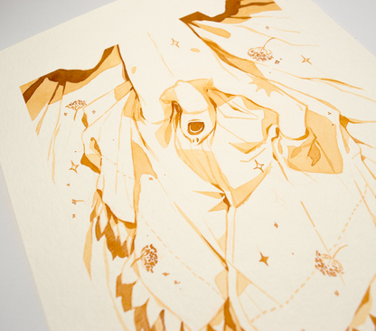 'I can't hear you.' Vince didn't even manage to fully undress and Zazu already hurls commands his way. It is an original art work make with ink on paper, created for kinktober 2022 starring the main characters of the webcomic Little Starling by Pearl See, close-up.