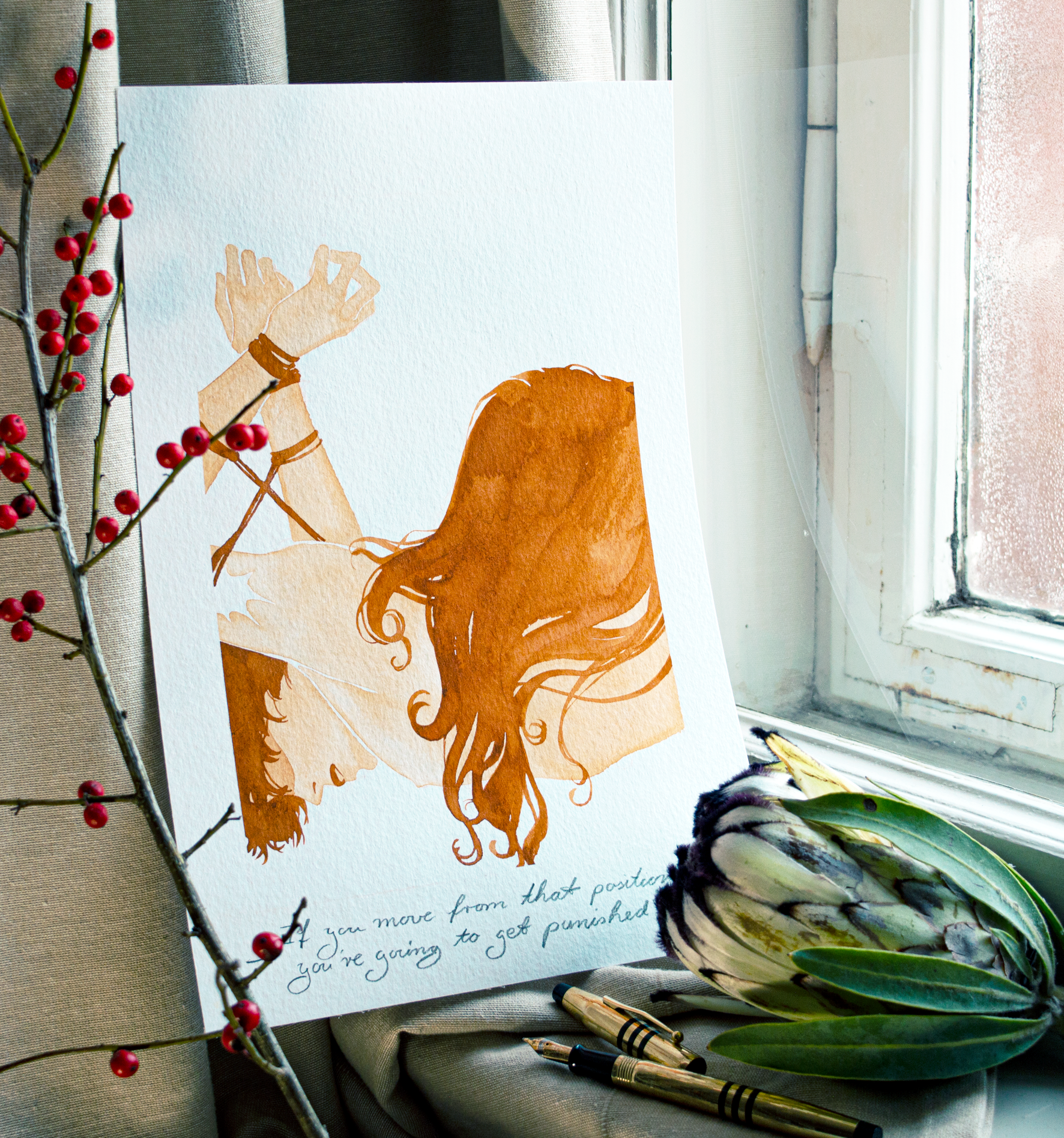 'If you move from that position, you're going to get punished.', harsh words as Zazu caresses Vince's back. It is an original art work make with ink on paper, created for kinktober 2022 starring the main characters of the webcomic Little Starling by Pearl See.