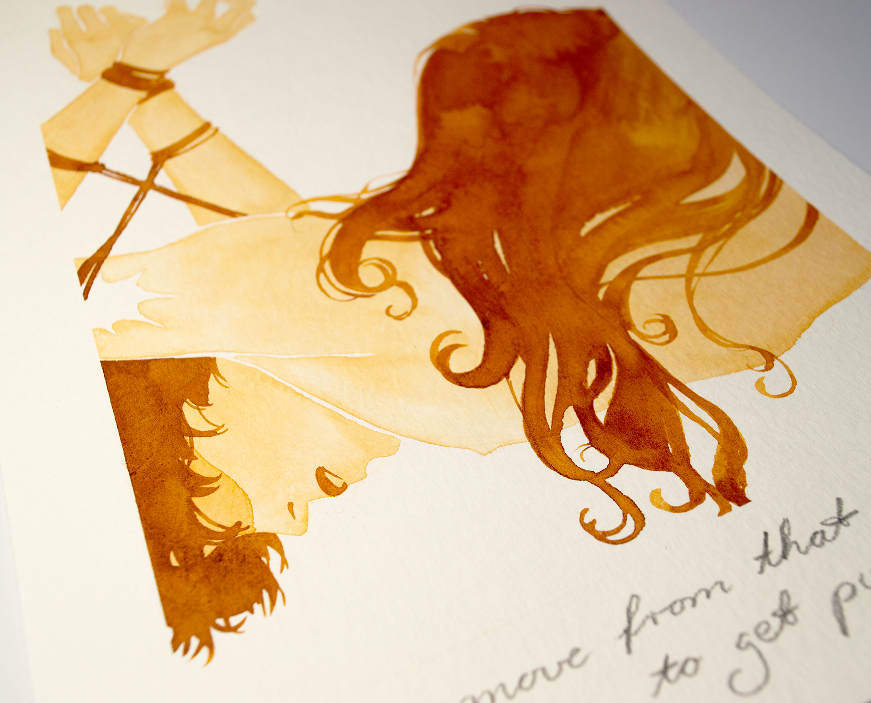 'If you move from that position, you're going to get punished.', harsh words as Zazu caresses Vince's back. It is an original art work make with ink on paper, created for kinktober 2022 starring the main characters of the webcomic Little Starling by Pearl See, close-up.