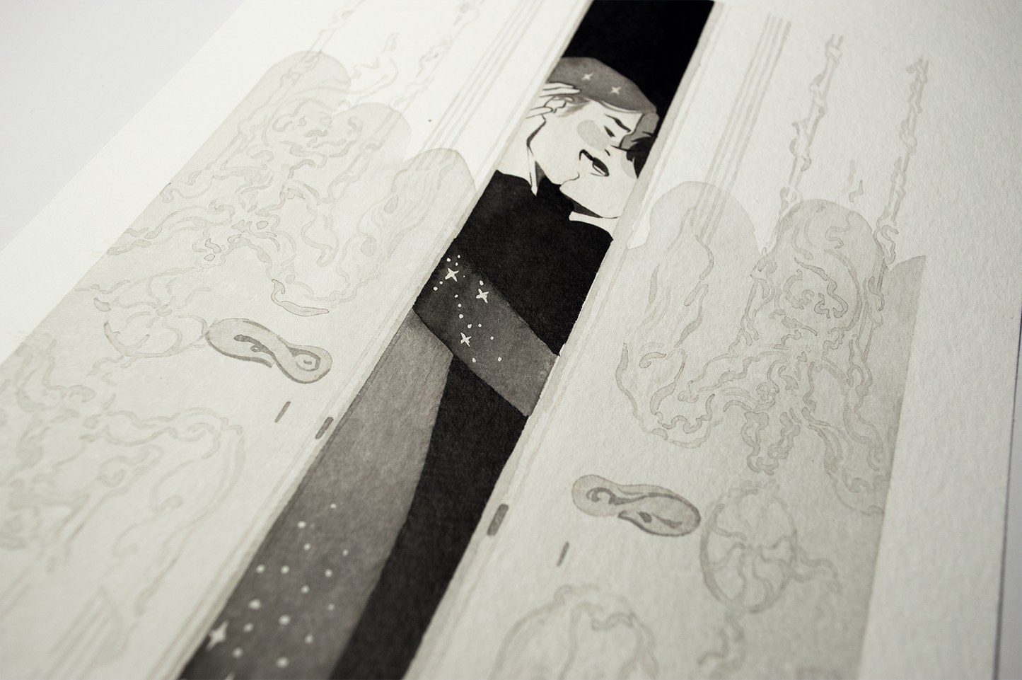 'I imagine flicking my tongue against...' During parties Vince and Zazu find quiet places to whisper intimate thoughts. It is an original art work make with ink on paper, created for kinktober 2022 starring the main characters of the webcomic Little Starling by Pearl See, close-up.