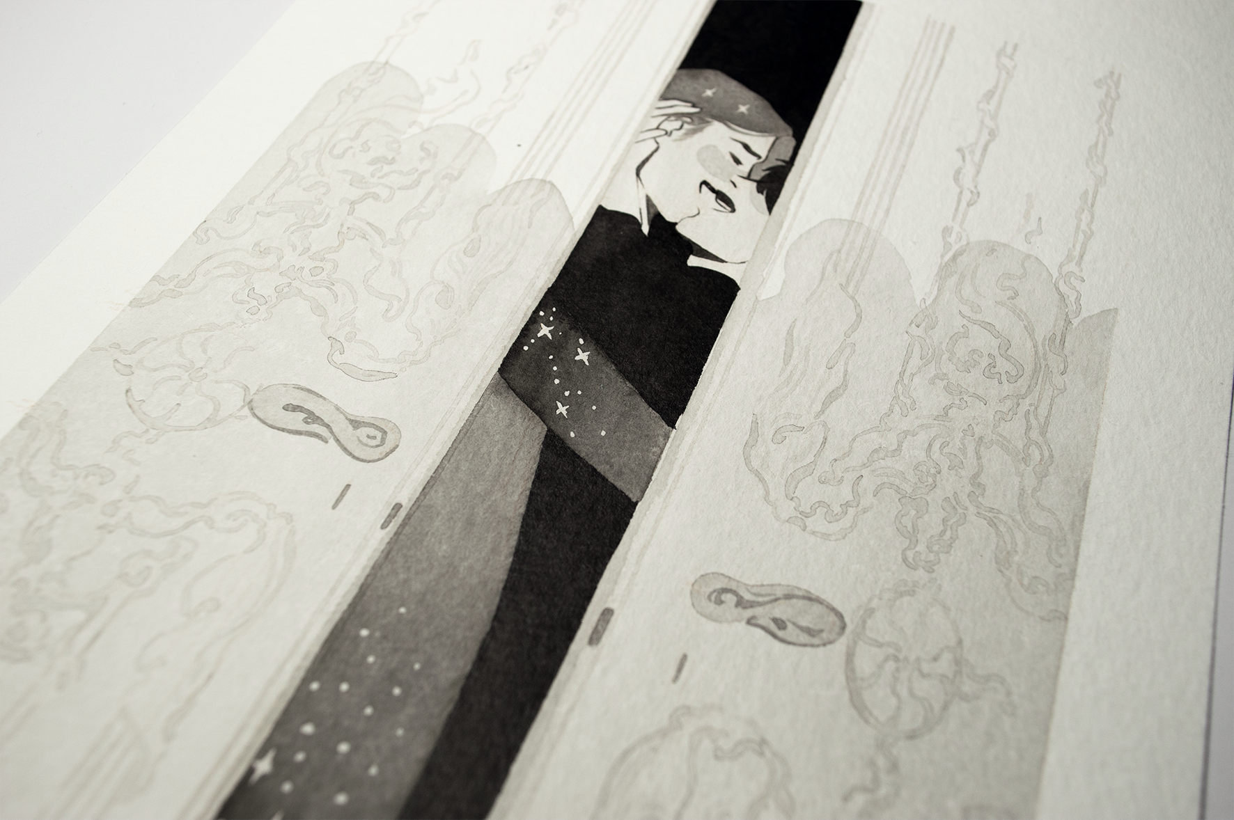 'I imagine flicking my tongue against...' During parties Vince and Zazu find quiet places to whisper intimate thoughts. It is an original art work make with ink on paper, created for kinktober 2022 starring the main characters of the webcomic Little Starling by Pearl See, close-up.