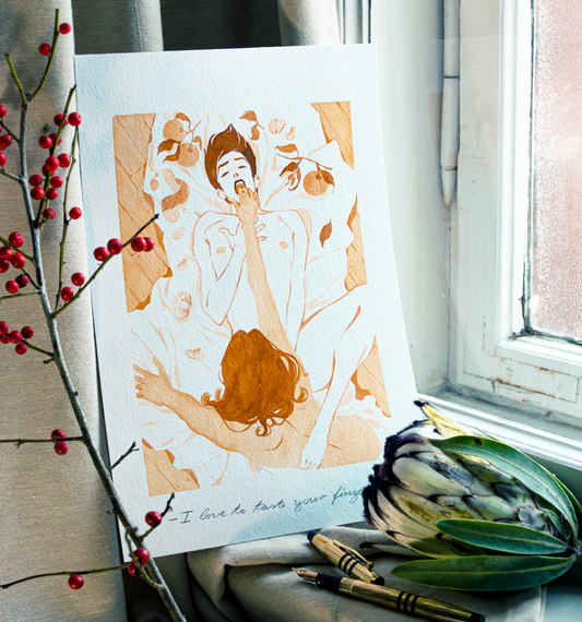 'I love to taste your fingers.' an original art work make with ink on paper, created for kinktober 2022 starring the main characters of the webcomic Little Starling by Pearl See. It shows Vince thinking exactly that surrounded by oranges and Zazu over him.