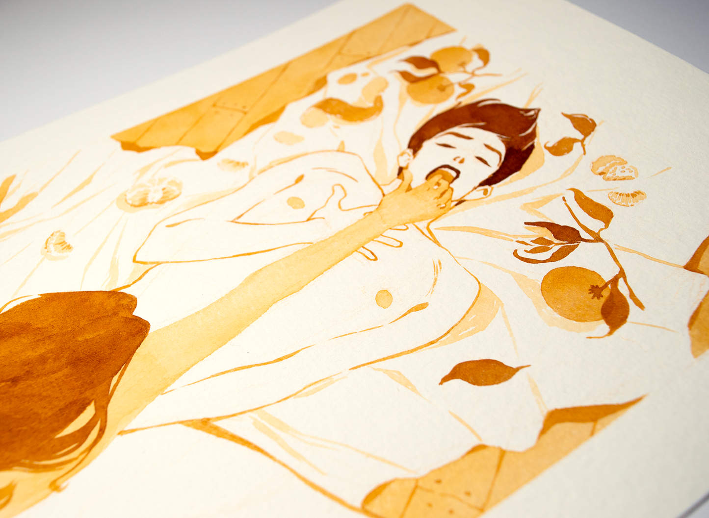 'I love to taste your fingers.' an original art work make with ink on paper, created for kinktober 2022 starring the main characters of the webcomic Little Starling by Pearl See. It shows Vince thinking exactly that surrounded by oranges and Zazu over him, close-up.