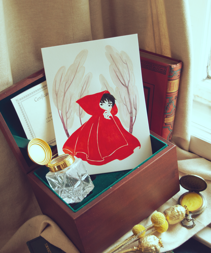 Vince dressed as Little Red Riding Hood, running from something. This illustration is an original art work make with ink and silver highlights on paper, starring the main characters of the webcomic Little Starling by Pearl See.