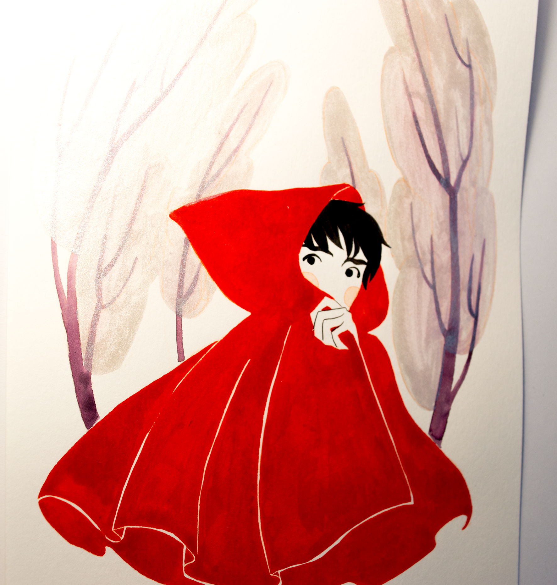 Vince dressed as Little Red Riding Hood, running from something. This illustration is an original art work make with ink and silver highlights on paper, starring the main characters of the webcomic Little Starling by Pearl See, close-up.
