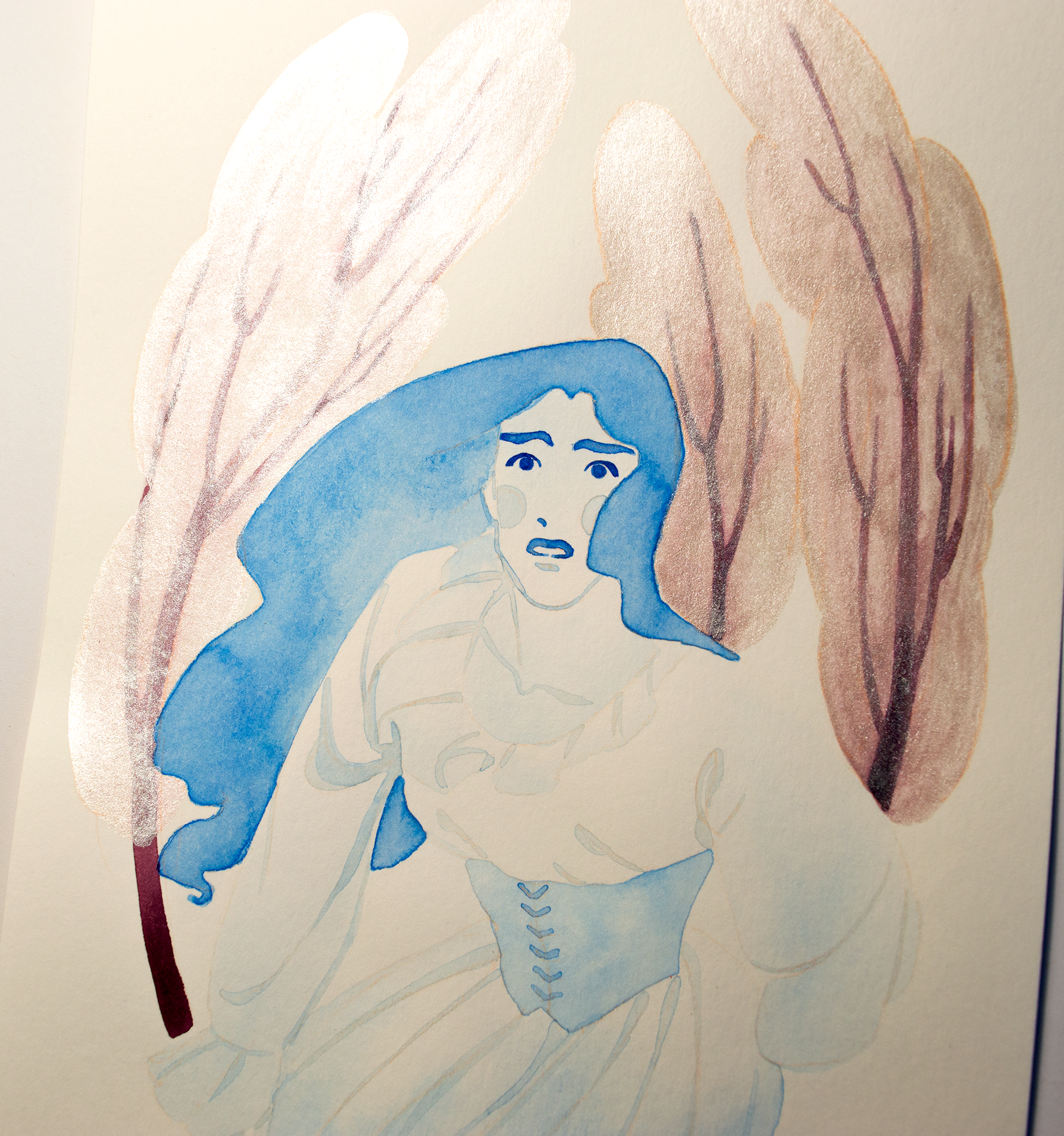 Zazu as Snow White, lost in the woods. This illustration is an original art work make with ink and silver highlights on paper, starring the main characters of the webcomic Little Starling by Pearl See, close-up.