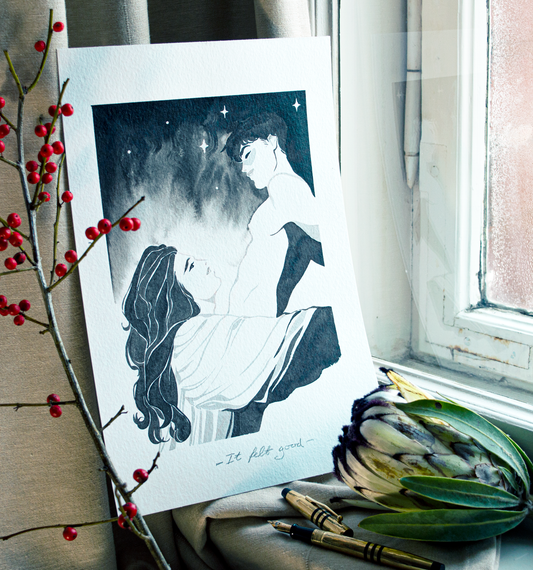 'It felt good.' Is all Vince manages to say while glancing down at Zazu. It is an original art work make with ink on paper, created for kinktober 2022 starring the main characters of the webcomic Little Starling by Pearl See.