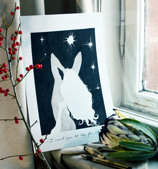 'I want you to beg for it.' an original art work make with ink on paper, created for kinktober 2022 starring the main characters of the webcomic Little Starling by Pearl See. It shows Zazu at his breaking point.