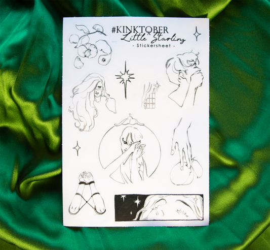 The transparent sticker sheet of a collection of small pencil illustrations from the Kinktober zine.