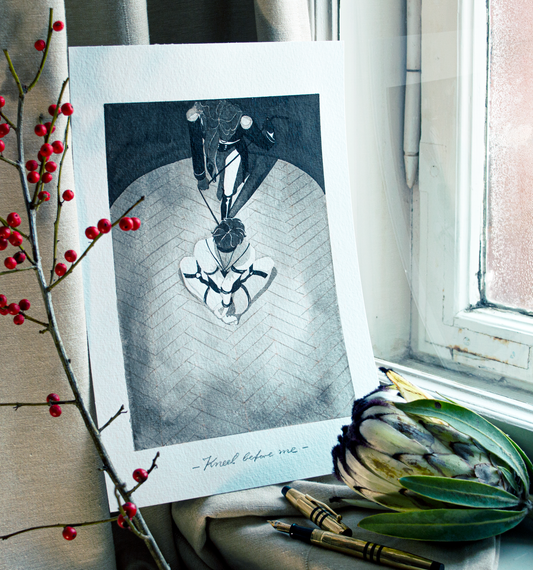 'Kneel before me.' Something Vince was dying to hear. It is an original art work make with ink on paper, created for kinktober 2022 starring the main characters of the webcomic Little Starling by Pearl See.