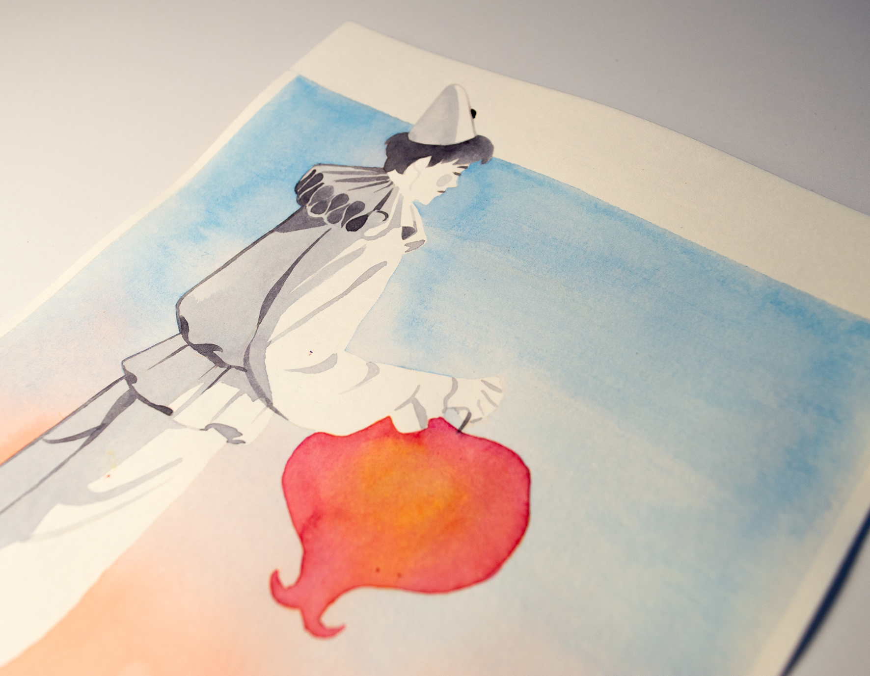 Vince in a pierrot costume holding a lantern. This illustration is an original art work make with ink on paper, starring the main characters of the webcomic Little Starling by Pearl See, close-up.