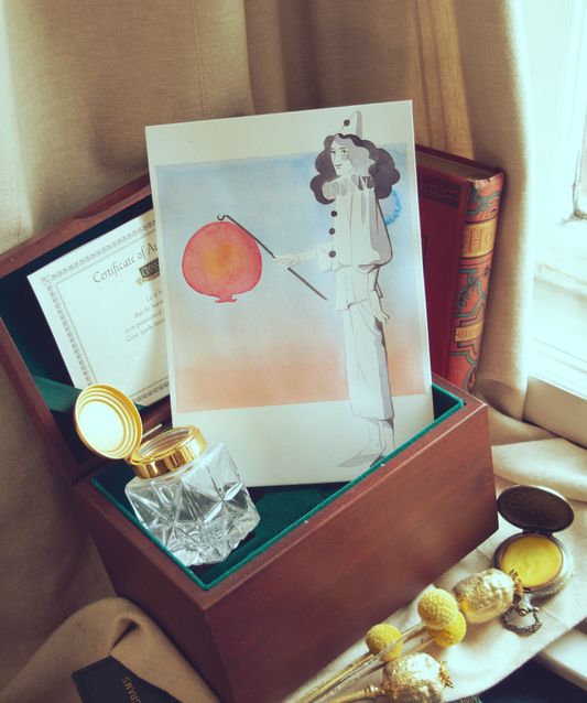 Zazu dressed as pierrot holding a lantern. This illustration is an original art work make with ink on paper, starring the main characters of the webcomic Little Starling by Pearl See.