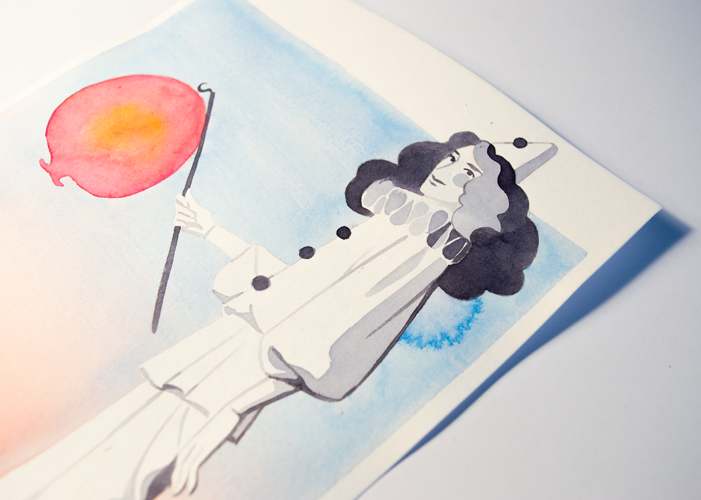 Zazu dressed as pierrot holding a lantern. This illustration is an original art work make with ink on paper, starring the main characters of the webcomic Little Starling by Pearl See, close-up.