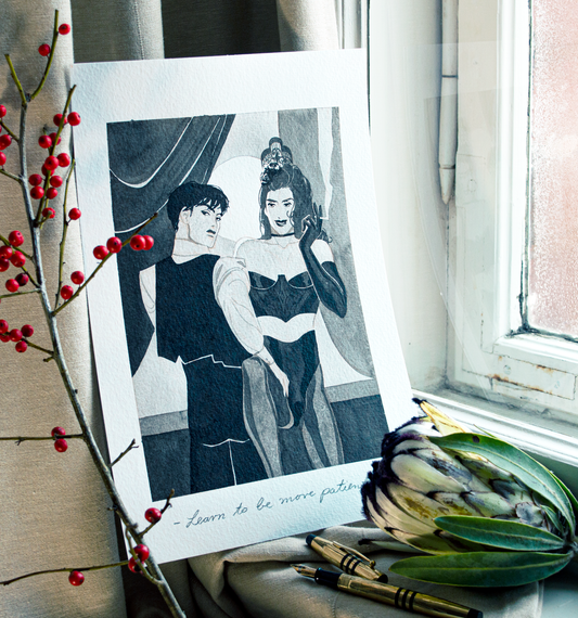 'Learn to be more patient.' backstage during a performance is no place for this kind of fun. This illustration is an original art work make with ink on paper, created for kinktober 2022 starring the main characters of the webcomic Little Starling by Pearl See.