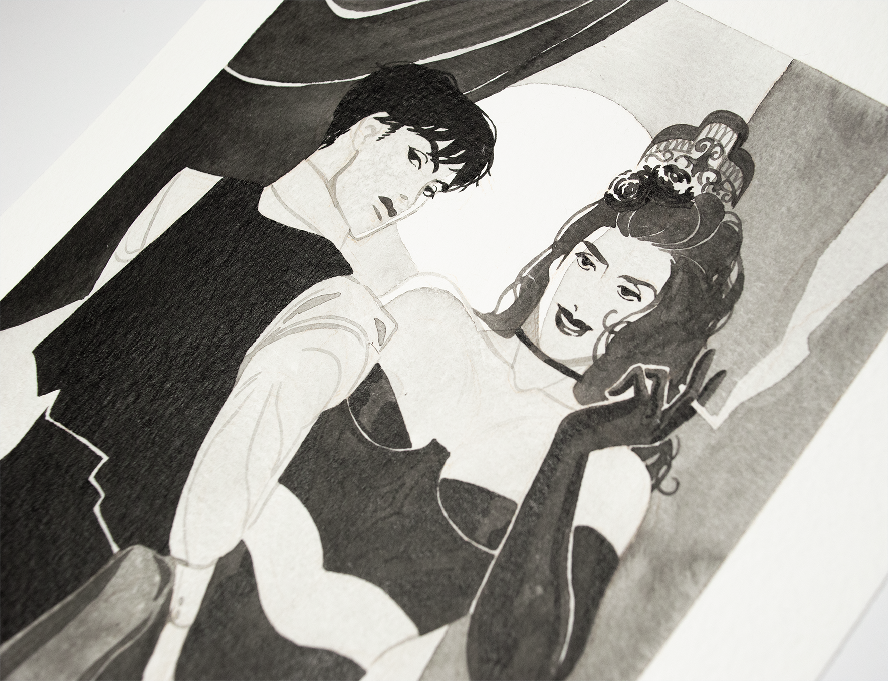 'Learn to be more patient.' backstage during a performance is no place for this kind of fun. This illustration is an original art work make with ink on paper, created for kinktober 2022 starring the main characters of the webcomic Little Starling by Pearl See, close-up.