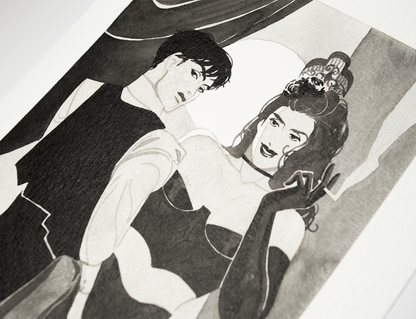 'Learn to be more patient.' backstage during a performance is no place for this kind of fun. This illustration is an original art work make with ink on paper, created for kinktober 2022 starring the main characters of the webcomic Little Starling by Pearl See, close-up.