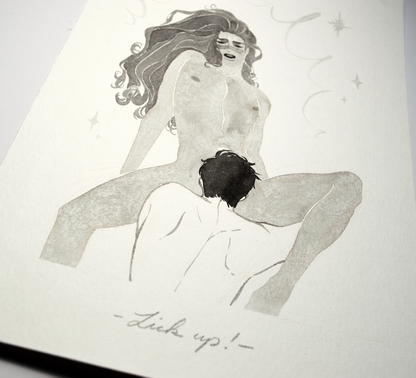 'Lick up!' A still of the best part of Zazu's morning. This illustration is an original art work make with ink on paper, created for kinktober 2022 starring the main characters of the webcomic Little Starling by Pearl See, close-up.