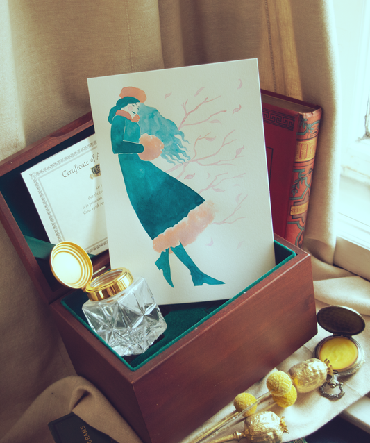 Zazu dressed in his blue winter coat going for a walk on a cold winter morning. This illustration is an original art work make with ink on paper, starring the main characters of the webcomic Little Starling by Pearl See.