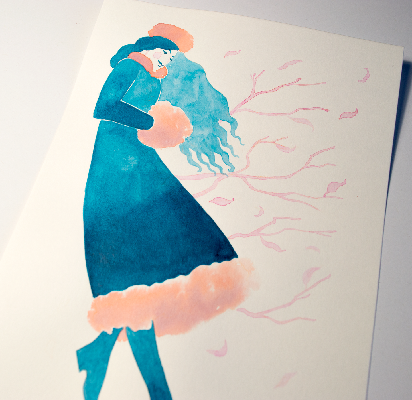 Zazu dressed in his blue winter coat going for a walk on a cold winter morning. This illustration is an original art work make with ink on paper, starring the main characters of the webcomic Little Starling by Pearl See, close-up.