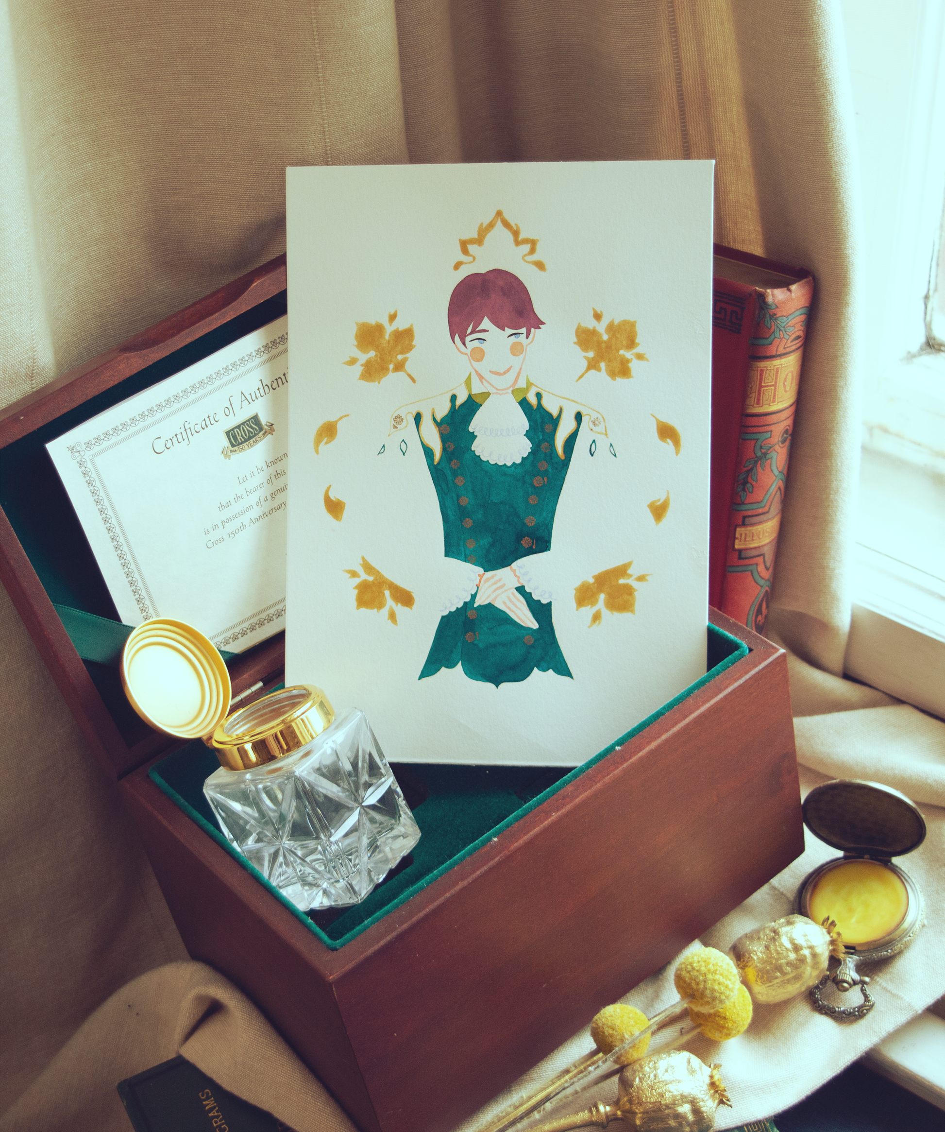 A modest gentleman waiting to be introduced. This illustration is an original art work make with ink and gold highlights on paper, starring the main characters of the webcomic Little Starling by Pearl See.