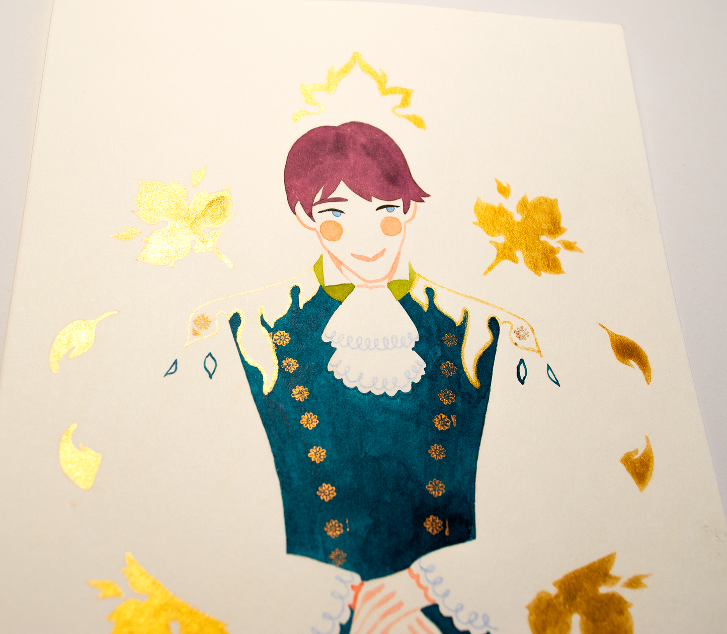 A modest gentleman waiting to be introduced. This illustration is an original art work make with ink and gold highlights on paper, starring the main characters of the webcomic Little Starling by Pearl See, close-up.