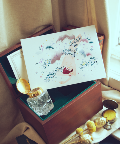 Vince has fallen asleep and the plants claim him as theirs.  This illustration is an original art work make with ink and gold hightlights on paper, starring the main characters of the webcomic Little Starling by Pearl See.