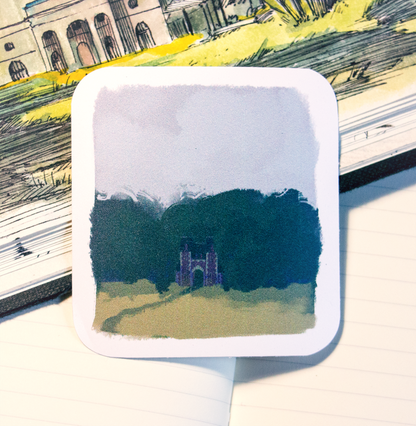 Sticker of a hidden gate leading somewhere in the woods.