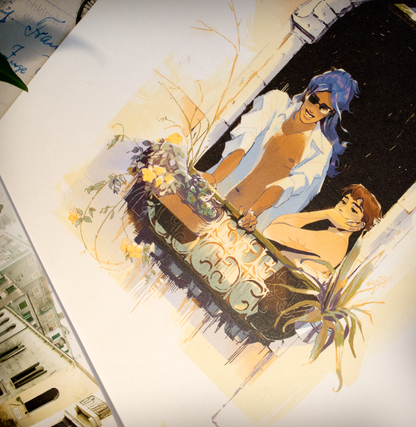 Vince and Zazu on their holiday in Venice. Observing the people and gondolas passing from their window. This  illustrations is a digital print that starrs the main characters of the webcomic Little Starling by Pearl See, close-up.