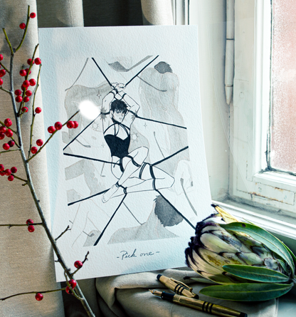 'Pick one.' An impossible command for Vince, tied up like this. This illustration is an original art work make with ink on paper, created for kinktober 2022 starring the main characters of the webcomic Little Starling by Pearl See.