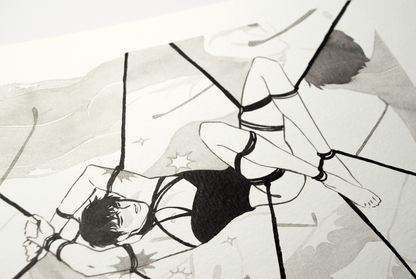 'Pick one.' An impossible command for Vince, tied up like this. This illustration is an original art work make with ink on paper, created for kinktober 2022 starring the main characters of the webcomic Little Starling by Pearl See, close-up.