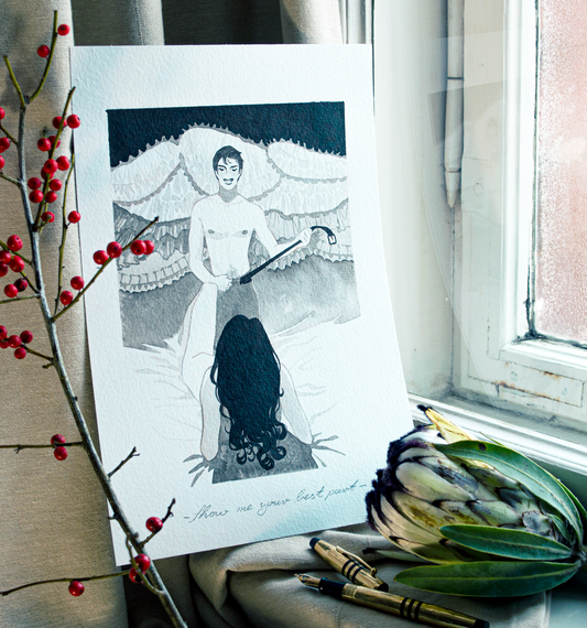 'Show me your best part.', a request Vince happily obliges. This illustration is an original art work make with ink on paper, created for kinktober 2022 starring the main characters of the webcomic Little Starling by Pearl See.