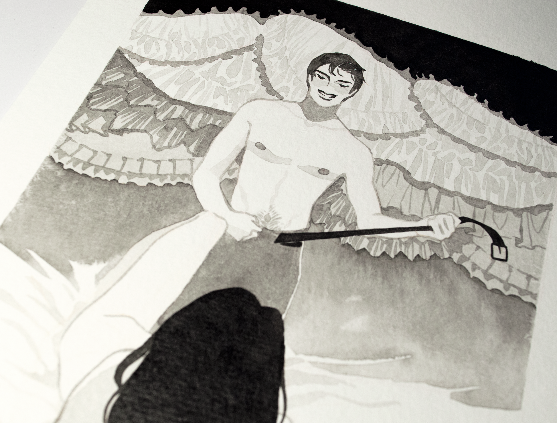 'Show me your best part.', a request Vince happily obliges. This illustration is an original art work make with ink on paper, created for kinktober 2022 starring the main characters of the webcomic Little Starling by Pearl See, close-up.