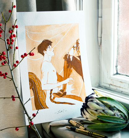 'Sit!', this is an order from your superior. This illustration is an original art work make with ink on paper, created for kinktober 2022 starring the main characters of the webcomic Little Starling by Pearl See.